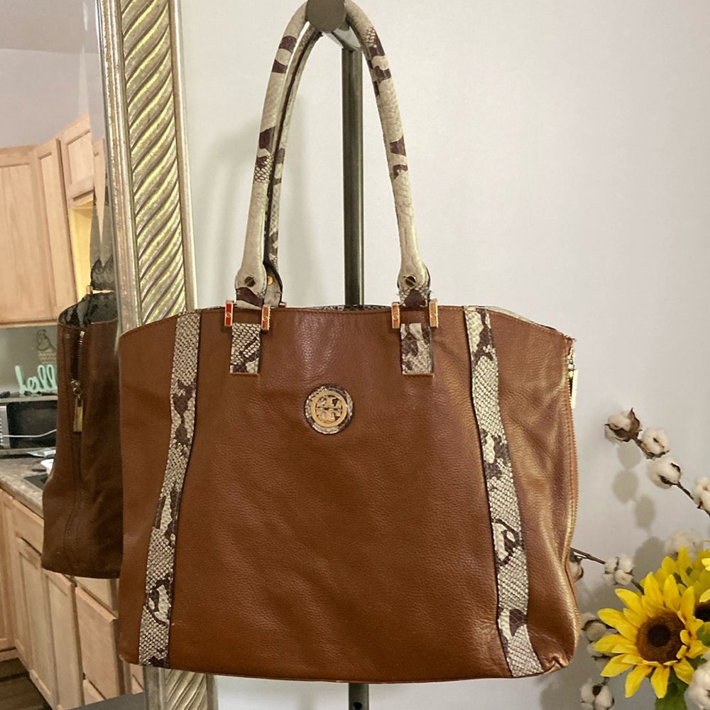Tory Burch Brown Leather Tote with Snake-Print Trim